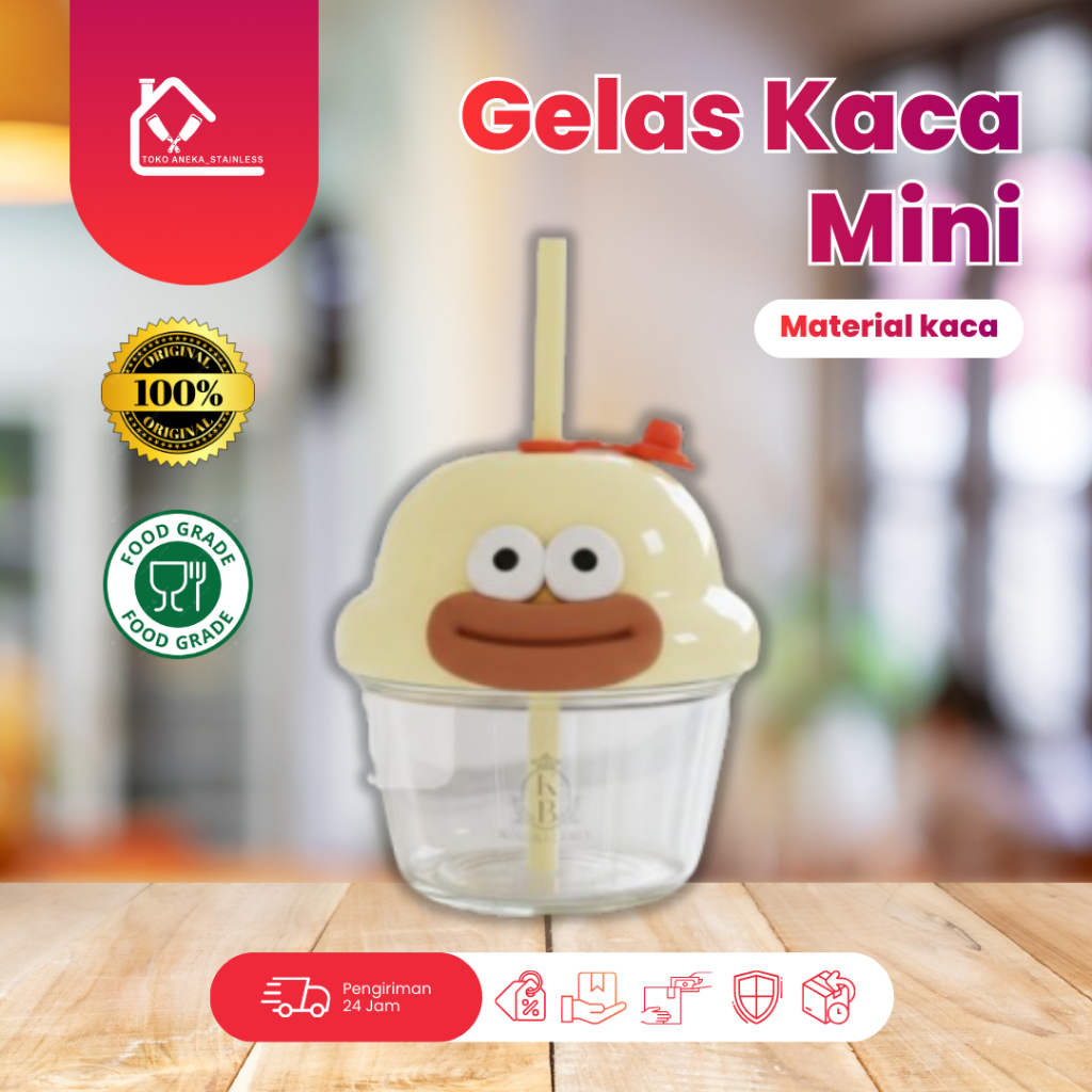 ANEKA STAINLESS - Gelas Kaca Tutup Gelas Kecil Kaca Minum Anak Anti Tumpah Karakter Lucu GWB03-210