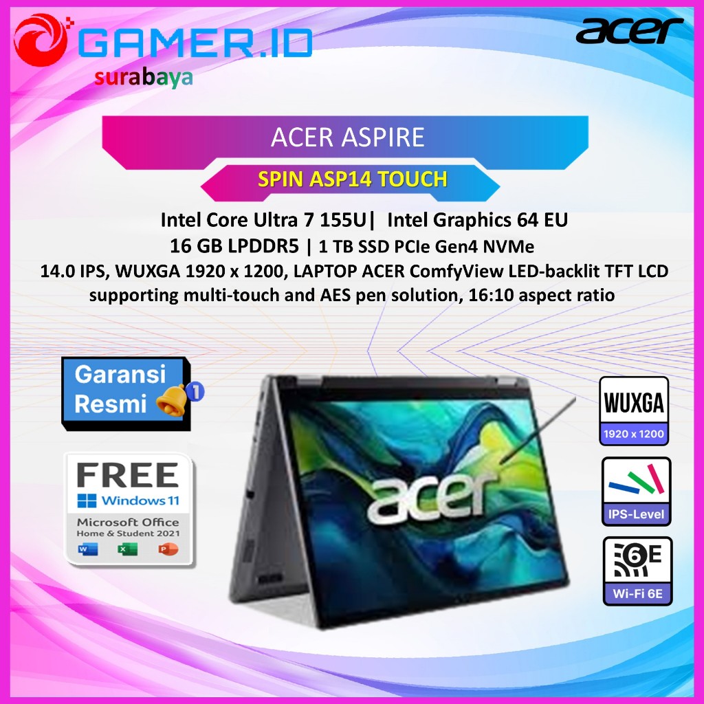 LAPTOP ACER ASPIRE SPIN ASP14 TOUCH ULTRA 7 155U - 16GB 1TB 14"WUXGA PEN 2IN1