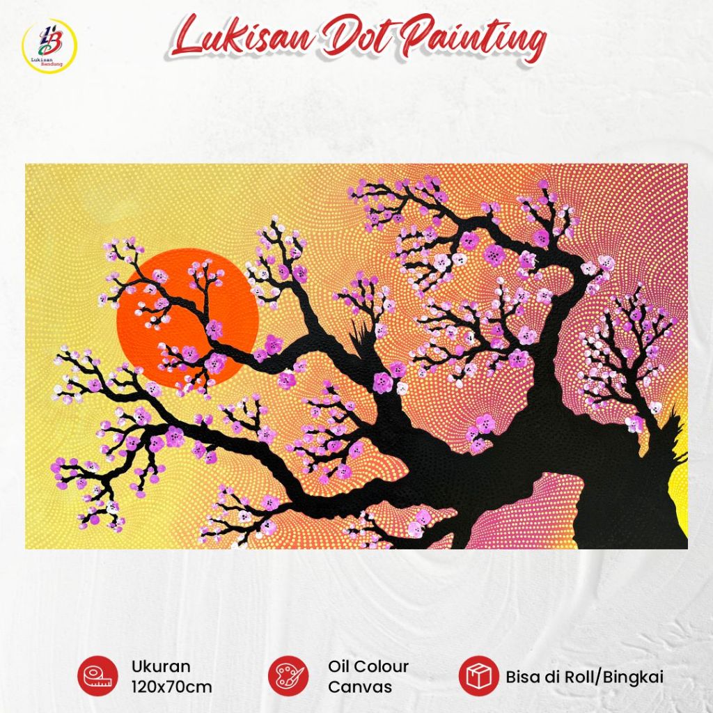 Lukisan Bandung Bunga Sakura 120x70 Lukisan Kanvas Dinding Dekorasi Dot Painting Modern