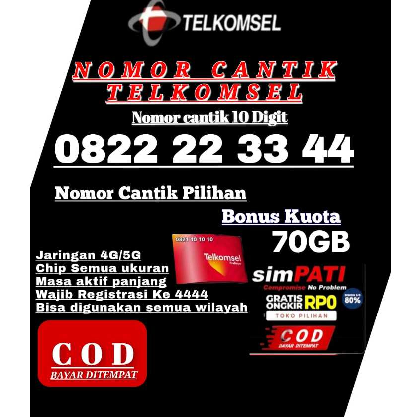 KARTU PERDANA TELKOMSEL NOMOR CANTIK TELKOMSEL 10 11 DIGIT FREE KUOTA 70GB  JARINGAN 4G/5G