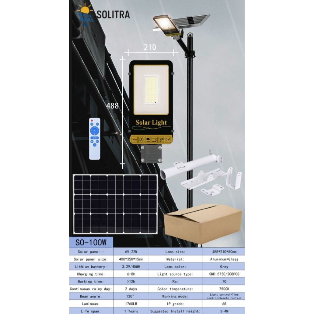 Lampu PJU solar panel 100 watt 2in1 Lampu jalan PJU LED 100 Watt