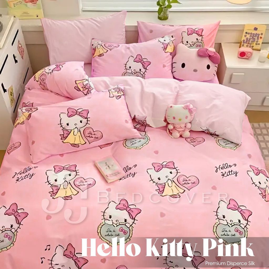 JJ Bedcover - BedCover Set Lengkap + Sprei - Two Tone - MOTIF HELLO KITTY LITTLE PRINCESS PINK