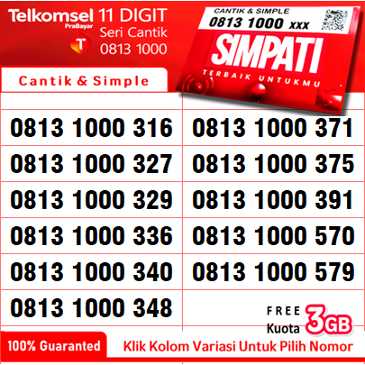 Nomor Cantik Telkomsel Simpati 11 Digit Seri 1000 (1). 4G & 5G Support. Free Kuota 3GB