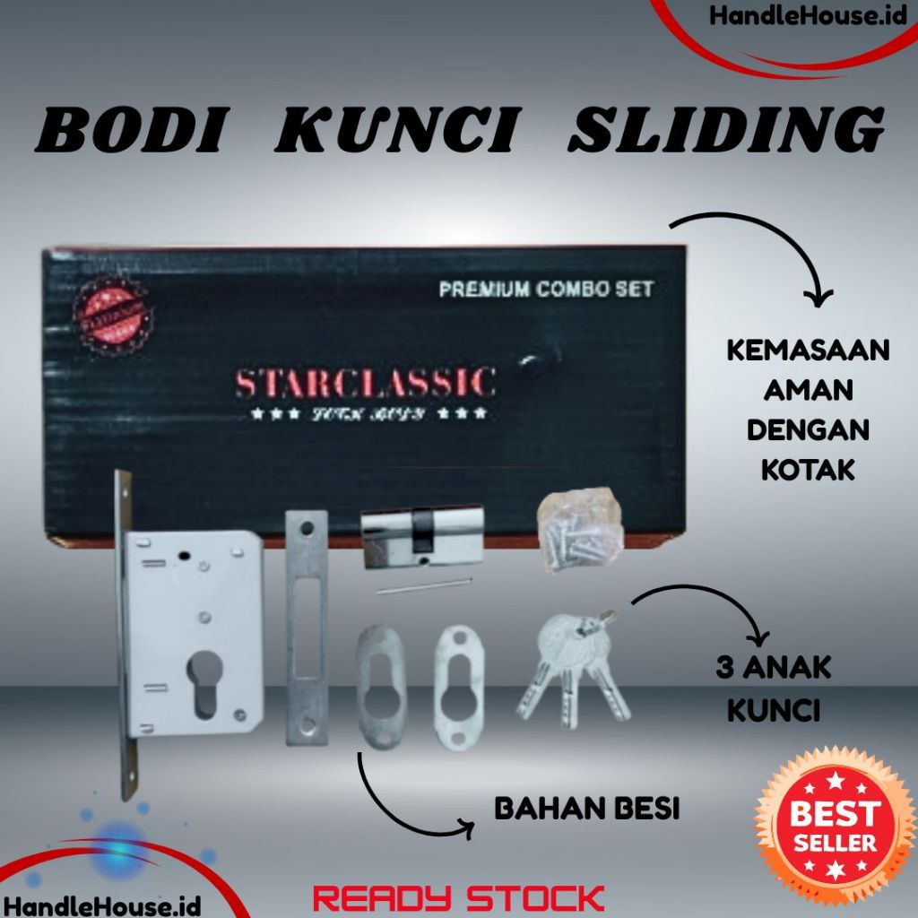 FullSet Body Kunci Sliding Pintu Kayu Dengan Silinder Kunci/Bodi Kunci Pintu Sliding 1set Lengkap