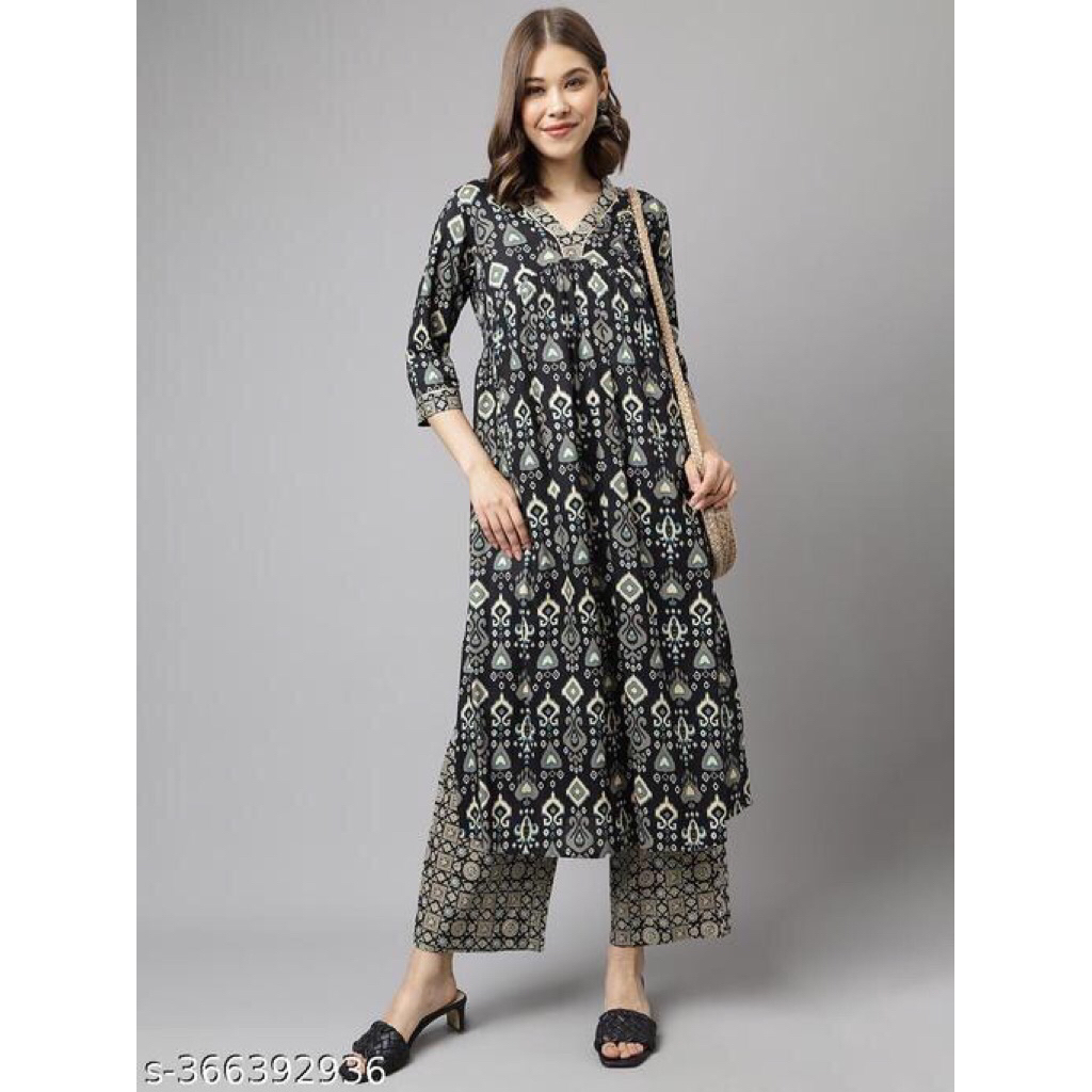 Kurta A-Line Katun Hitam FIORRA untuk Wanita dengan Palazzo