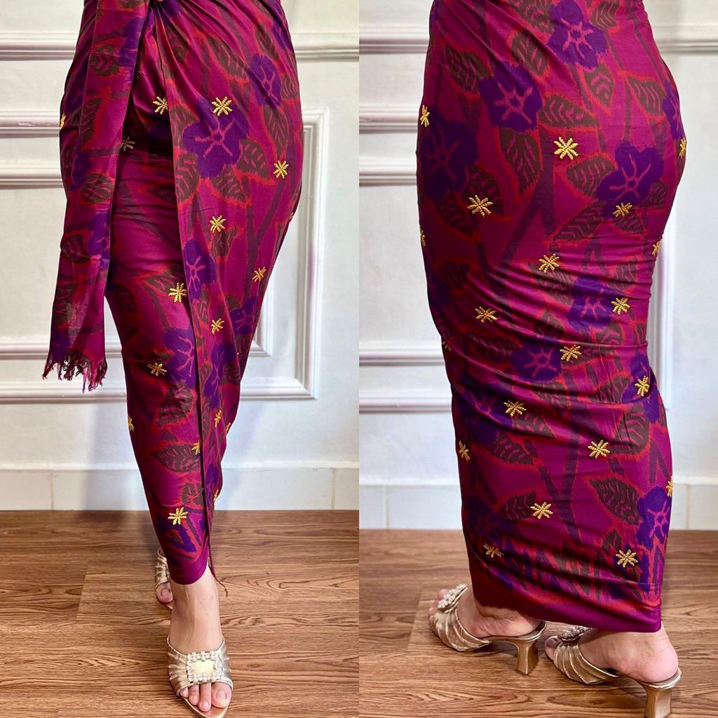 Kamen lembaran katun motif endek tabur bordir emas set selendang super cantik dan mewah / Bahan katu