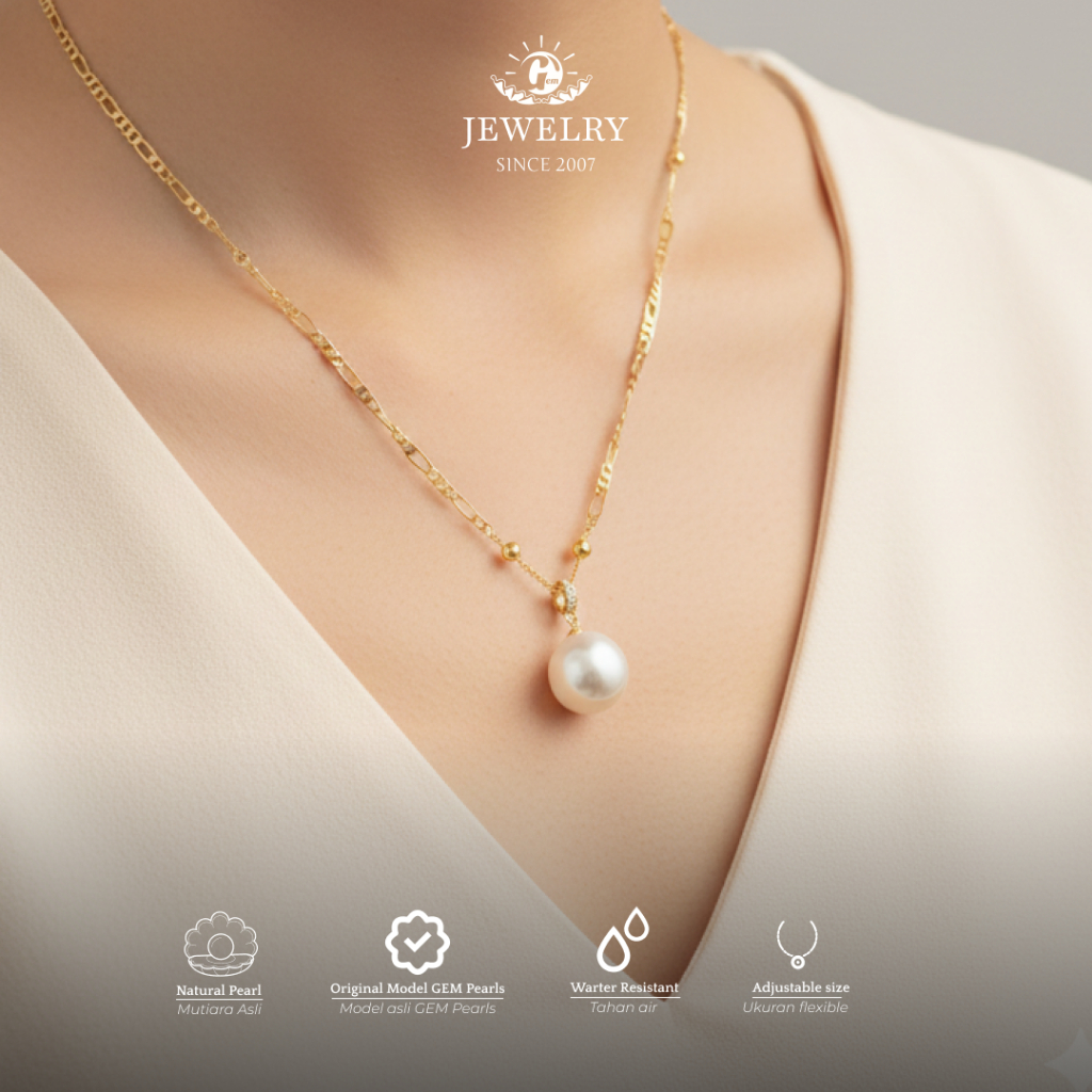 Kalung Mutiara Air Laut Asli Lombok Round | Mutiara Bundar Sempurna Chrome Premium | Perhiasan Wanit