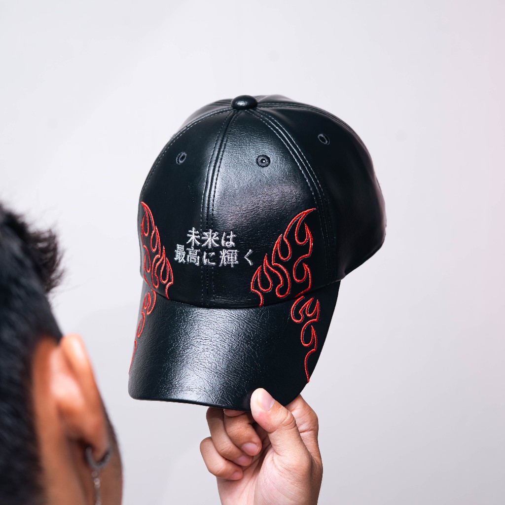 BOZRVK Red Flame Japanese text Leather Baseball Cap - Topi Pria Leather Hitam