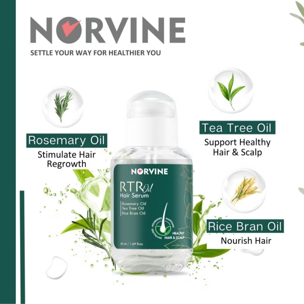 NORVINE RTR HAIR OIL SERUM MENGANDUNG ROSEMARY OIL TEA TREE OIL RICEBRAND OIL MELEBATKAN RAMBUT
