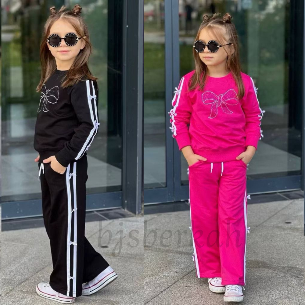Setelan Baju Skena Anak Perempuan Motif Pita dengan Celana Skena Usia 3-12 Tahun