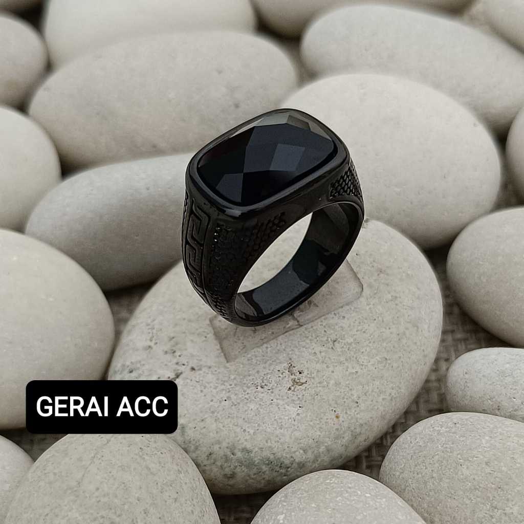 CINCIN TITANIUM BATU ONIX HITAM/MERAH MODEL KOTAK PRIA TERLARIS Elegan Stainless