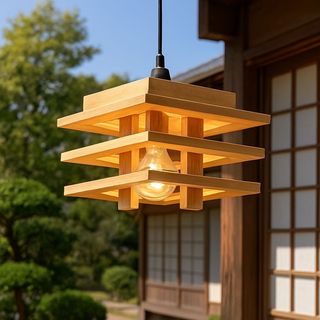 Kap lampu gantung minimalis model shoji jepang material kayu pilihan includ fitting E27 + kabel