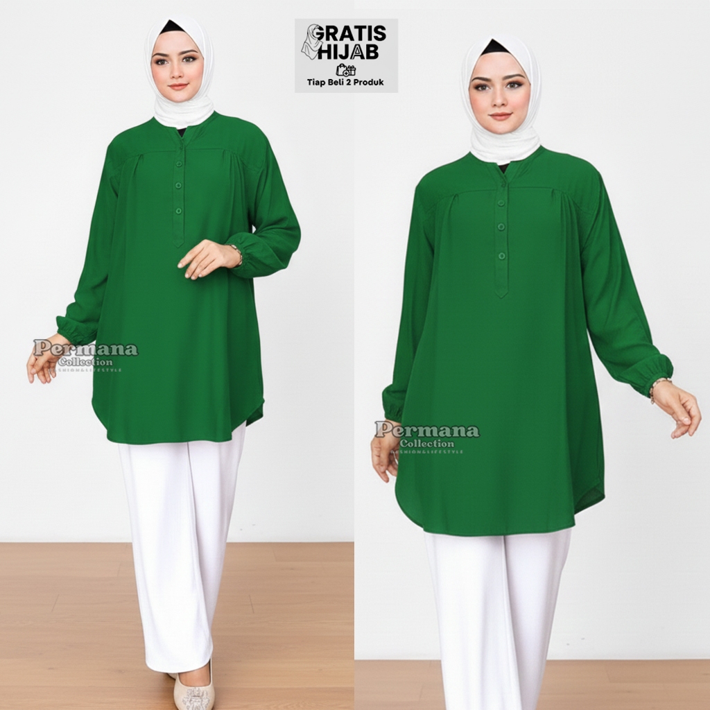 Baju Blouse Atasan Wanita Lengan Panjang Jumbo Size Warna Hijau Botol