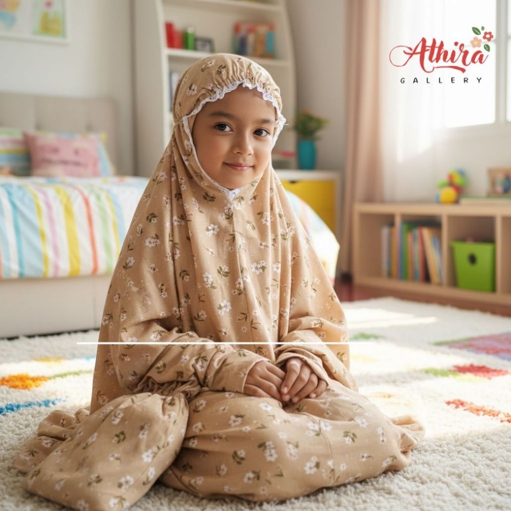 Mukena terusan anak rayon print bunga lajuran adem