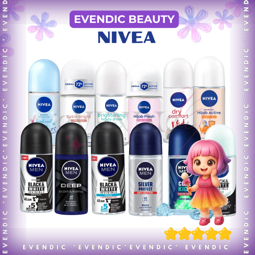 READY Nivea Women / MEN Deodorant Roll On 50 ML / 25ML  - Black & White/ Extra Brightening/ Pearl & 