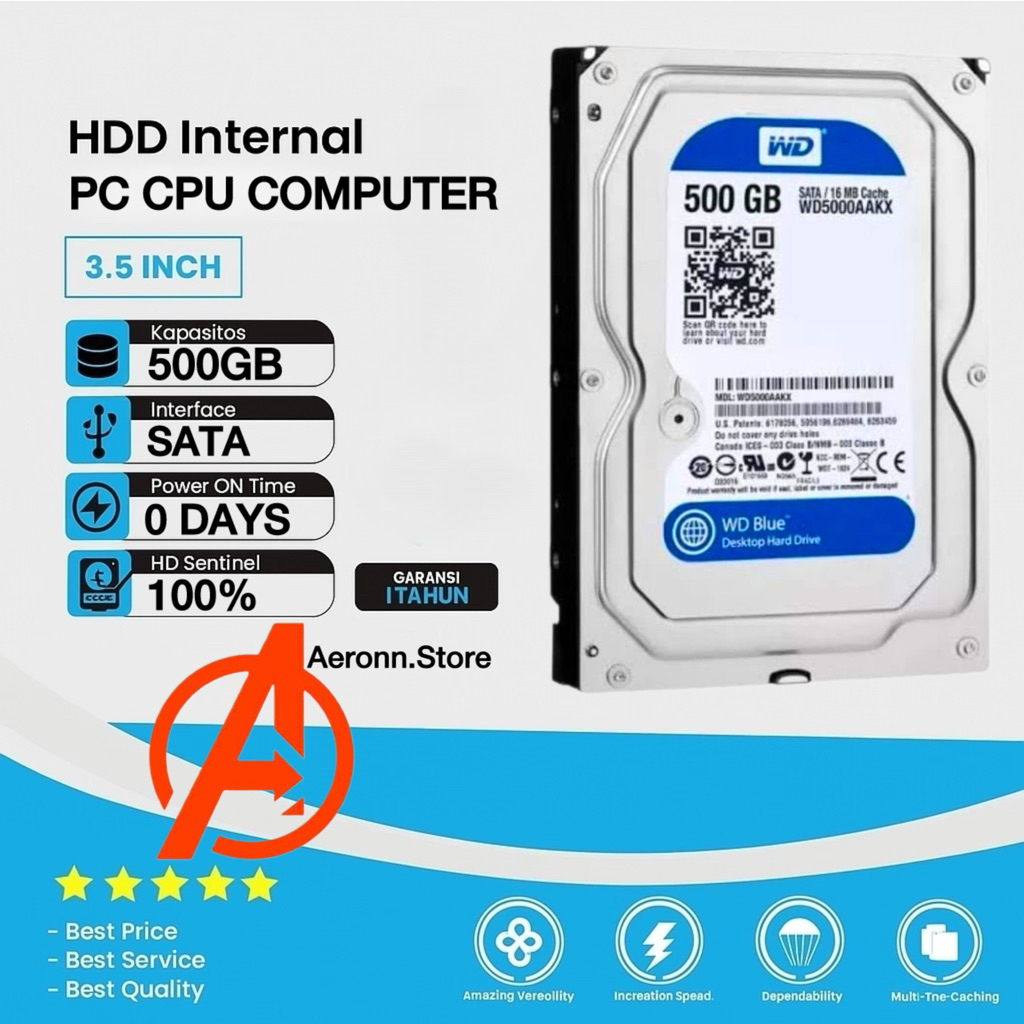 Hardisk 500GB WD Blue Internal Sata 3.5" Rpm 7200 0 Days Promo HDD 500GB For PC CPU COMPUTER