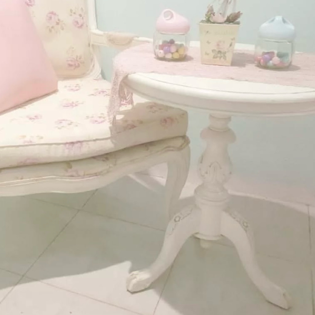 meja bulat bundar shabby chic classic eropa furnitur furniture kayu putih white duco bekas princess 