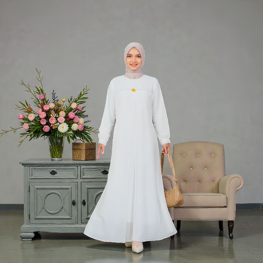 Gamis Polos Putih Tulang Elfiraza | Ceruty Babydoll Premium | Elegan Mewah