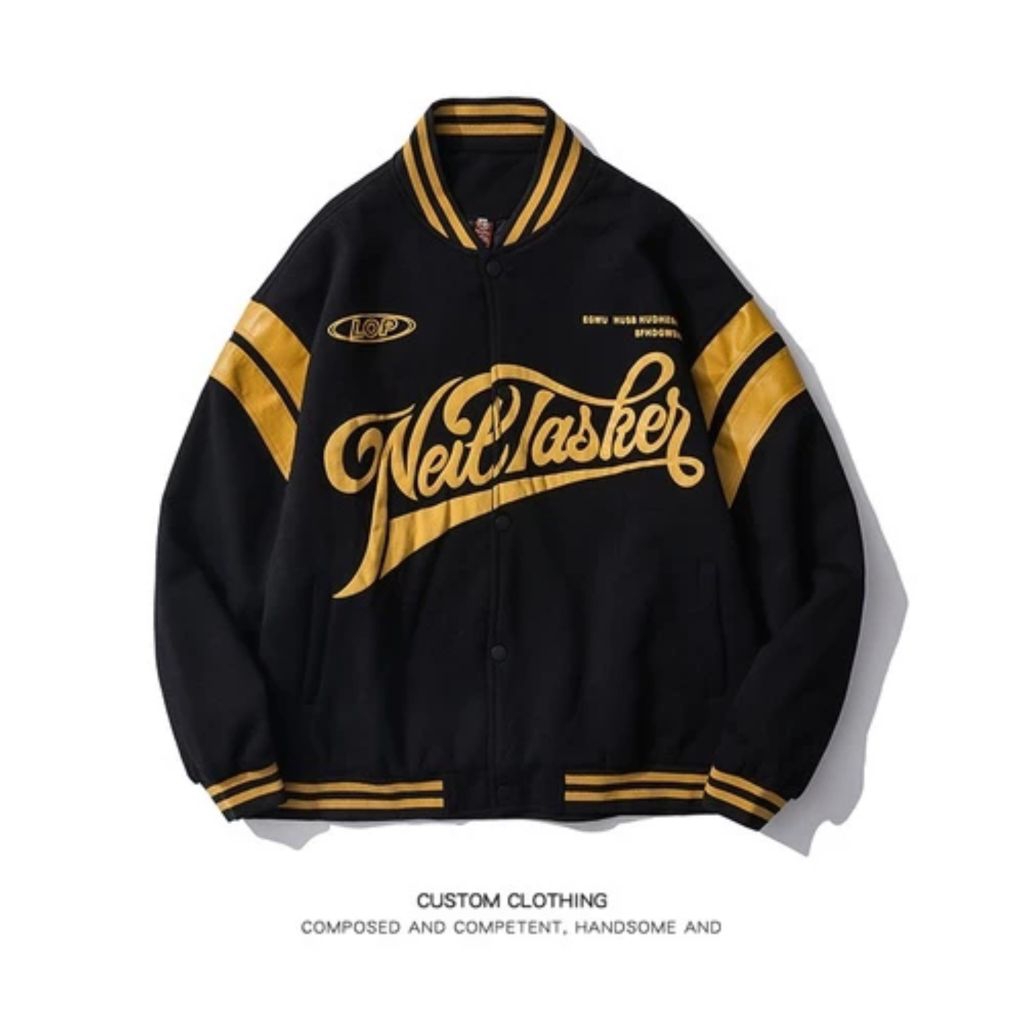 Lestary Clothing Store - Jaket Varsity Pria Wanita Oversize Premium Warna Cream Coklat Model Basebal