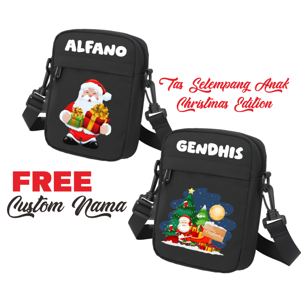 tas selempang anak custom nama GRATIS - tas selempang anak MOTIF NATAL terbaru