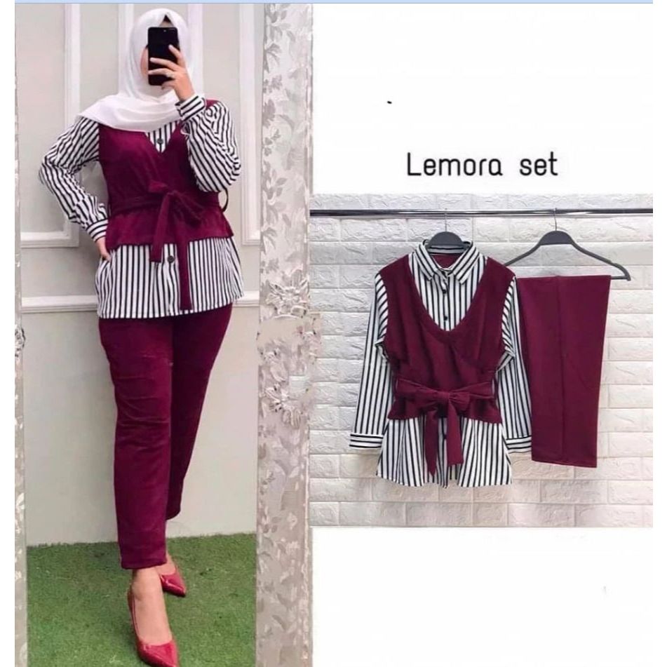 Lemora Set Baju Setelan Atasan dan Celana Ibu Ibu Kantor Jumbo Ld 125 Bahan Crinkle Airflow Simple N