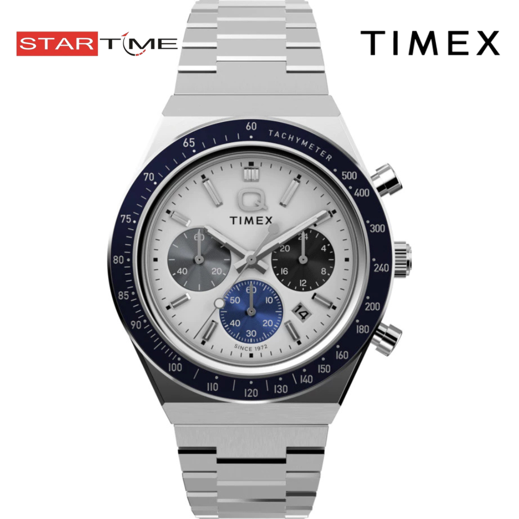 Jam Tangan Pria Timex TW2Y36200V5 Q Diver Inspired Chronograph White Dial Stainless Steel Strap