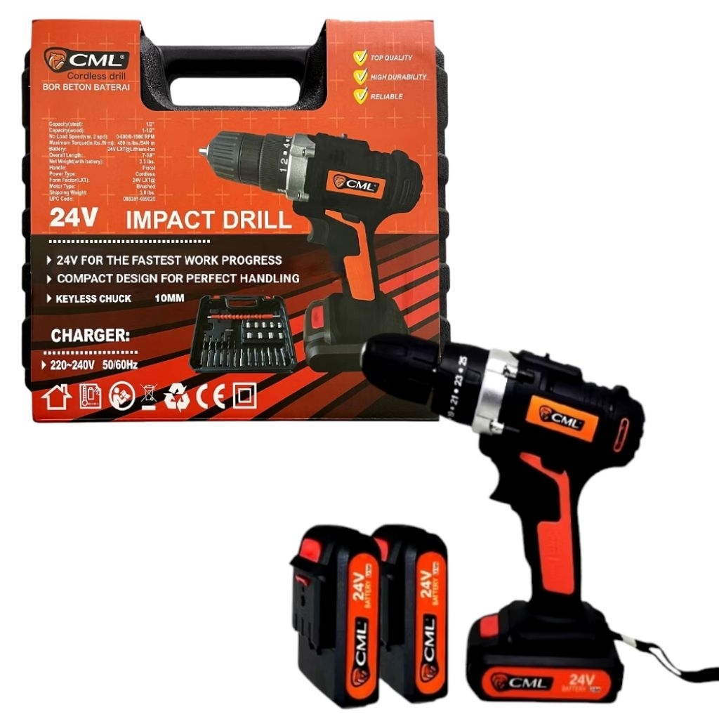 MESIN BOR CORDLESS IMPACT DRILL 24 DRILL VOLT BOR BETON BATERAI 10MM CML
