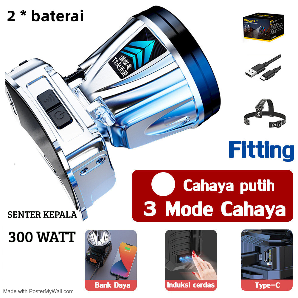 Kualitas Nyata Senter Kepala 300 Watt Super Terang 100% ORIGINAL