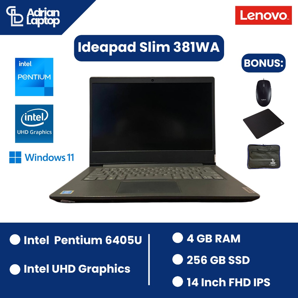 Laptop Second Lenovo Ideapad Slim 381WA | Intel Pentium 6405U | RAM 4GB | SSD 256 GB | Berkualitas &