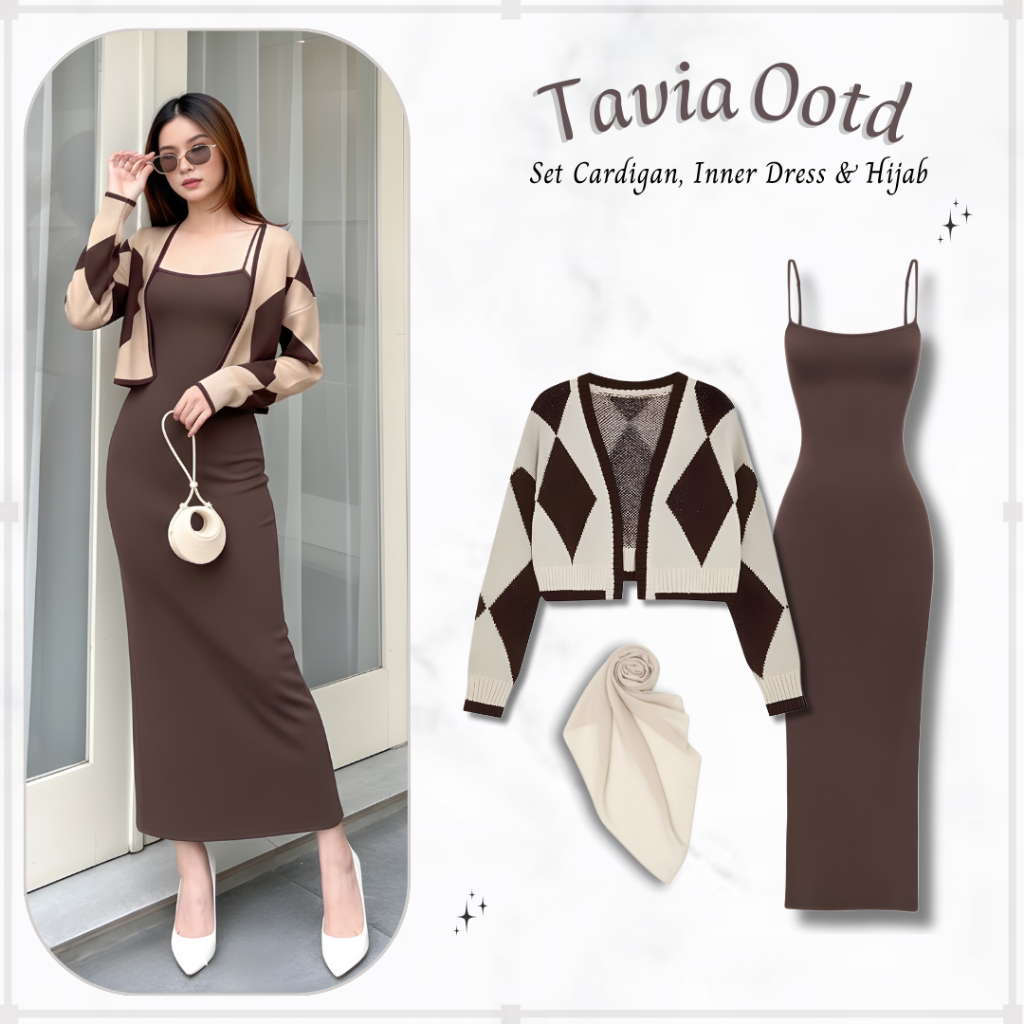 Ootd Tavia 3in1 | Set Cardigan Abstrak + Inner Dress + Hijab Ivory | Setelan Rajut Lengan Panjang Wa