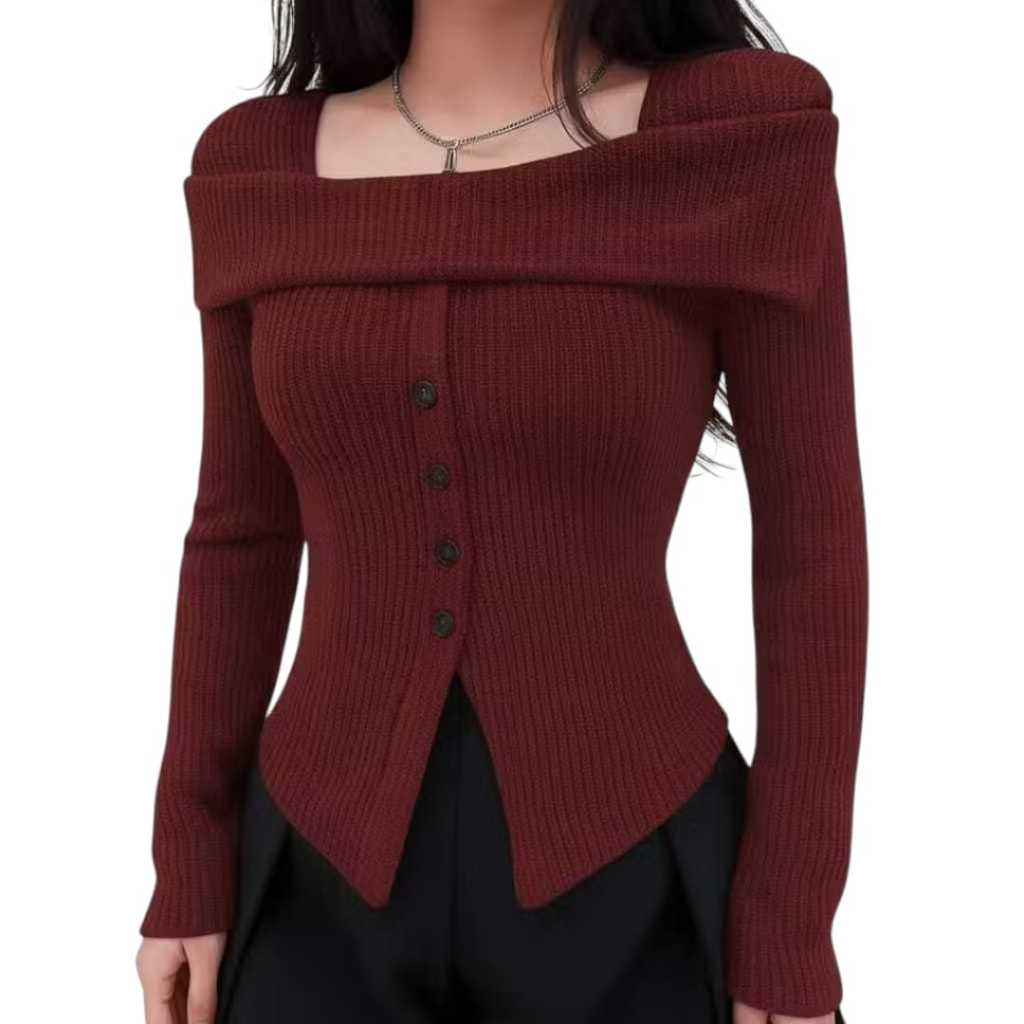 Rakku Yeona Top 216 – Sabrina Knit Top – Atasan Wanita Lengan Panjang Pita – Korean Top Long Sleeve