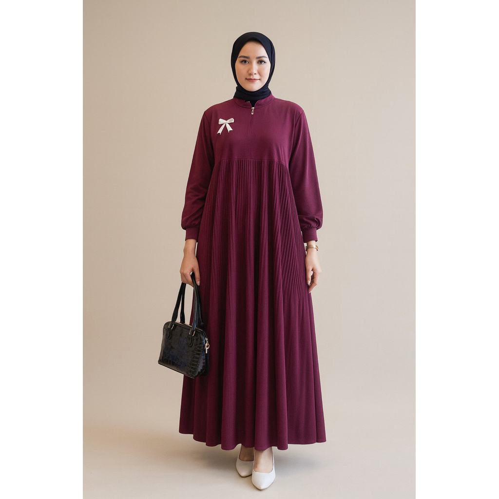 Gamis Wanita Belina Burgundy | Dress Muslim Kaos Knit Premium Mix Plisket Umbrella | Zipper Depan LD