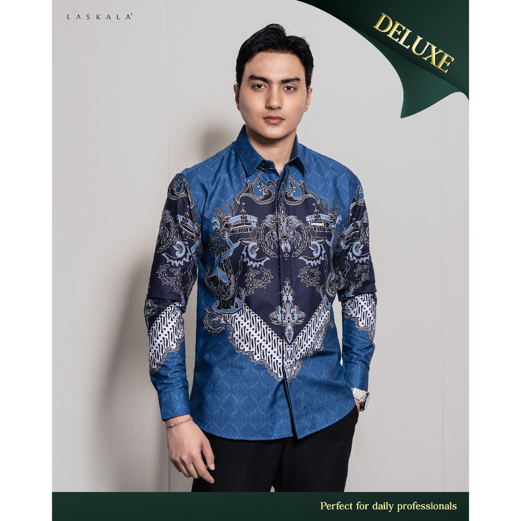 Laskala Batik Premium Surabaya Biru Kemeja Batik Pria Slimfit Lengan Panjang