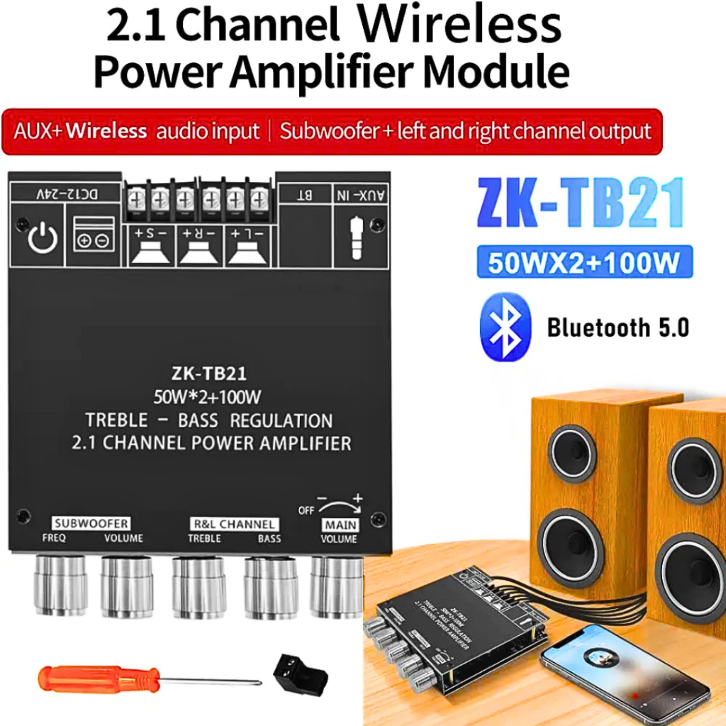Zk Audio Amplifier Ampli Bluetooth Audio Receiver 5.0 2.1 50Wx2+100W - Zk-Tb21