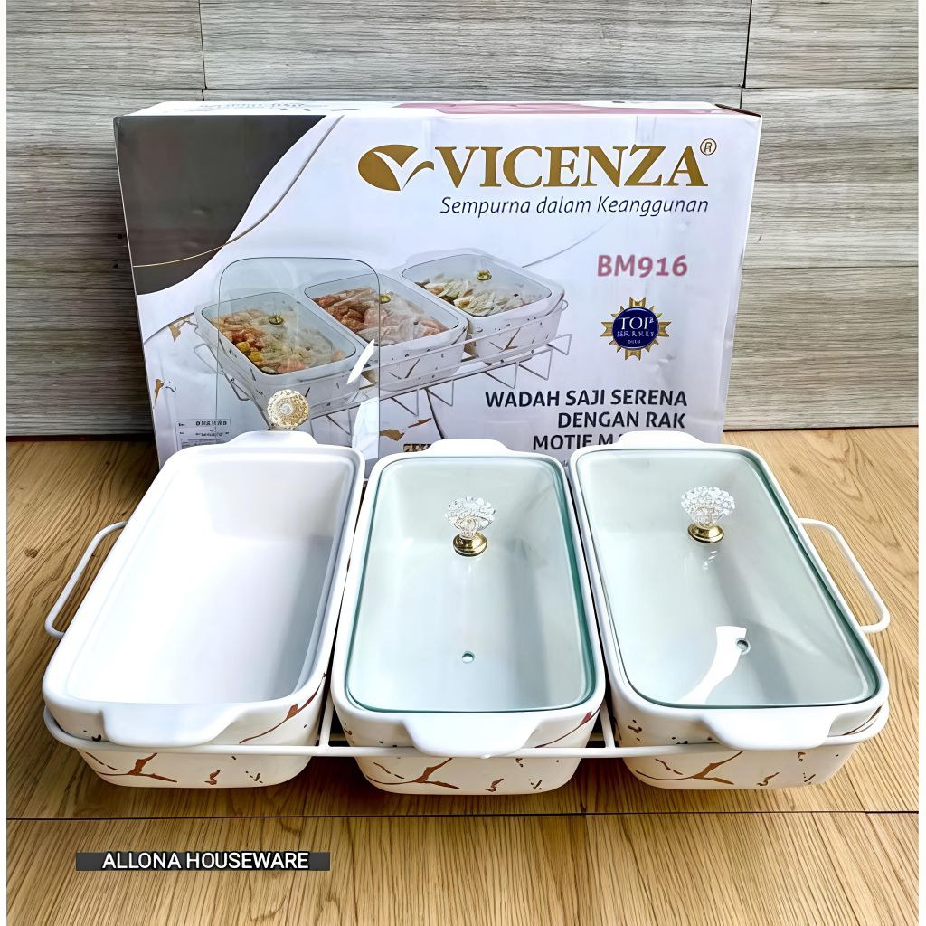 (PACKING KAYU) PRASMANAN GANDENG / WADAH SAJI SET 3 PCS  KERAMIK VICENZA 916