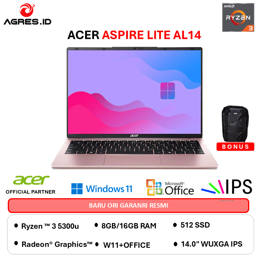 ACER ASPIRE LITE 14 AL14 AMD RYZEN 3 5300 - RAM 16GB 512GB W11+OHS 14.0WUXGA IPS-42P.R1D5