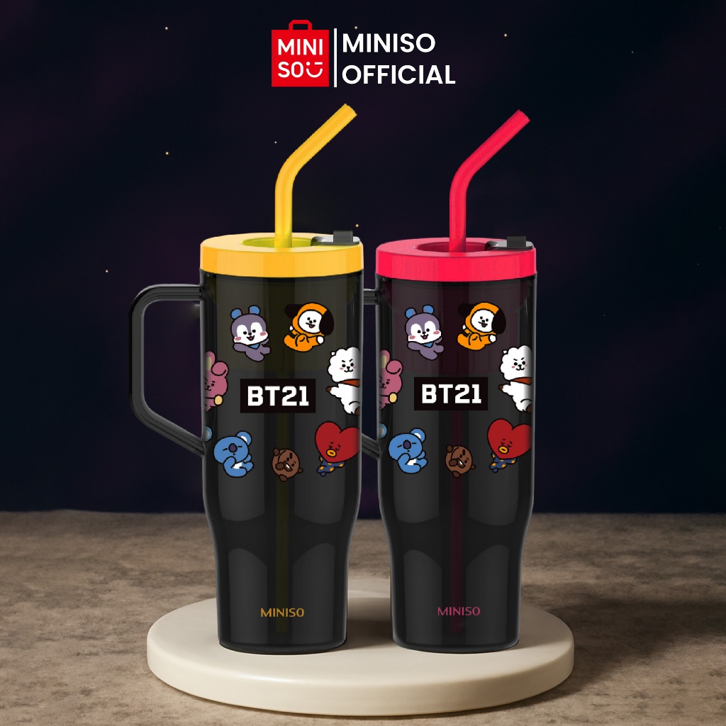 Miniso x BT21 Collection Gelas Plastik Dengan Sedotan Kapasitas Super Besar Cangkir Meja Plastic Tum
