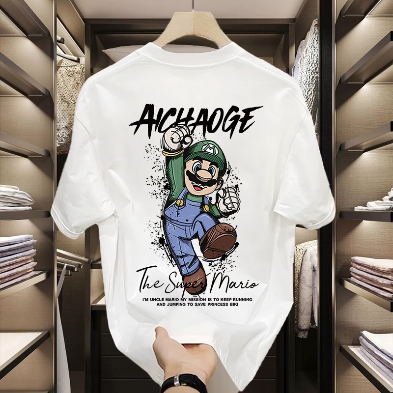 Kaos Lengan Pendek Katun Murni Berat Motif Cetak Merek Keren untuk Pria, Item Hits Gaya Santai Kerah