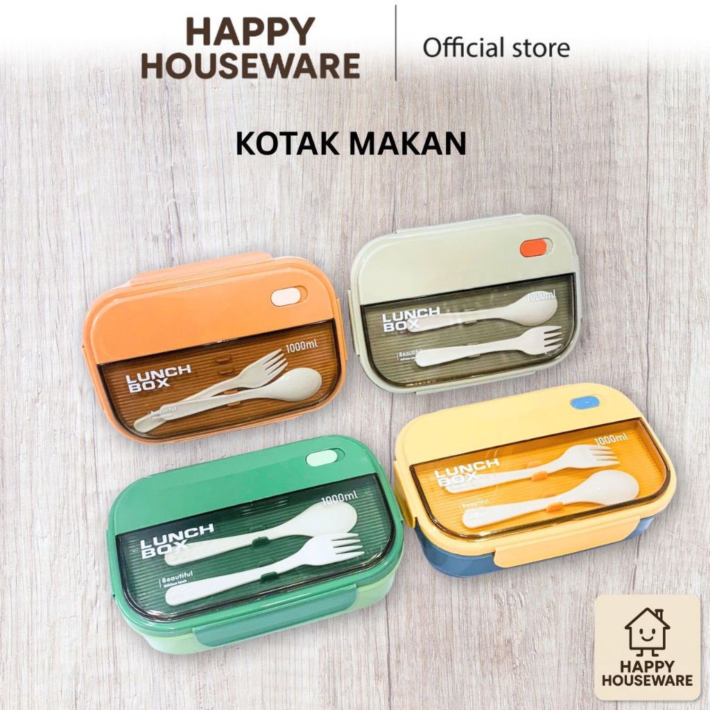 Happy Houseware Kotak Makan | Lengkap dengan Sendok dan Garpu Plastik - Praktis dan Tidak Mudah Tump