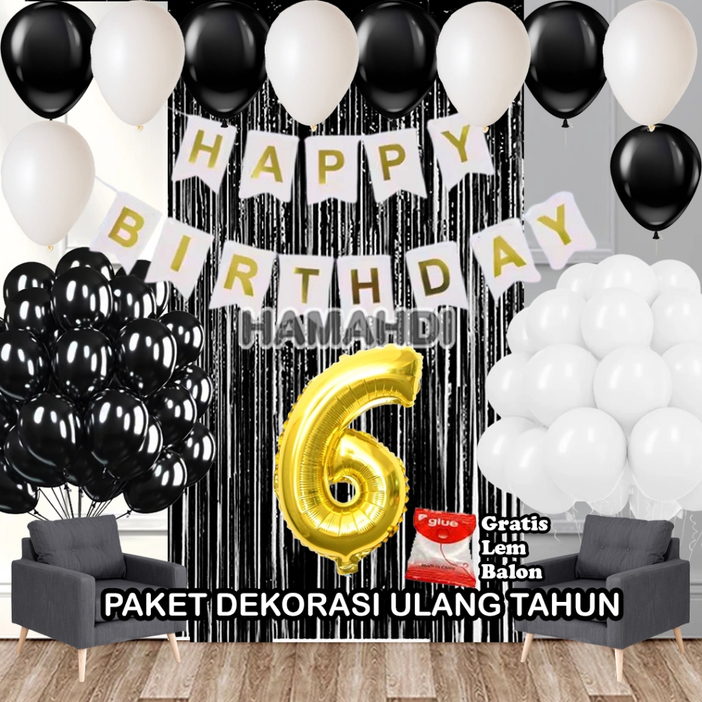 Paket Dekorasi Ulang Tahun Tirai Hitam Banner HBD Putih Balon Metalik Hitam dan Putih