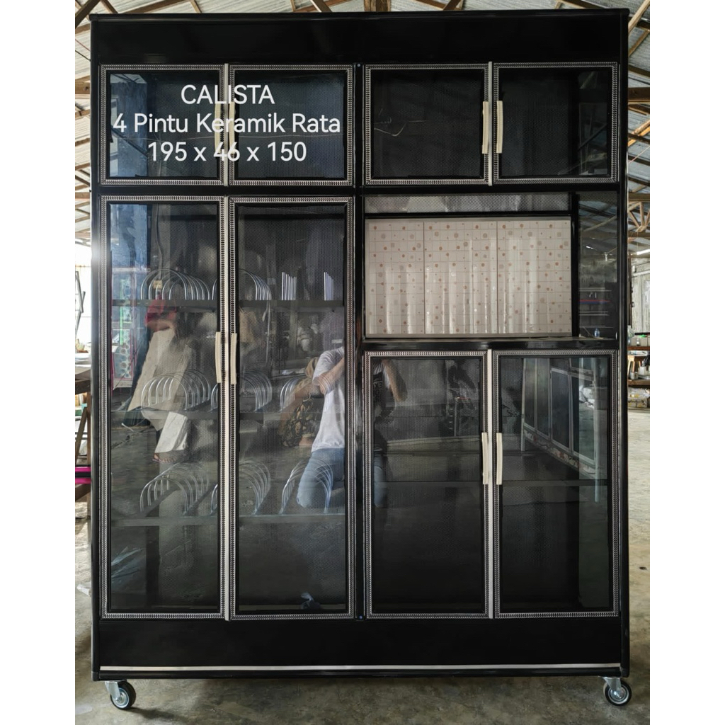 Lemari Tempahan Rak Piring Kaca 4 Pintu Keramik
