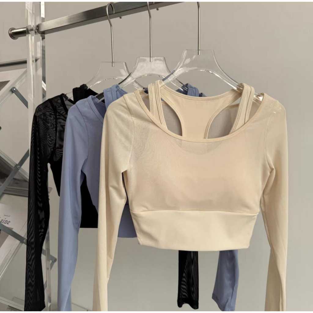 LUANAFIT - JYMC104 - Baju Atasan Wanita Lengan Panjang Croptop Jaring Transparan Untuk Olahraga / Cu