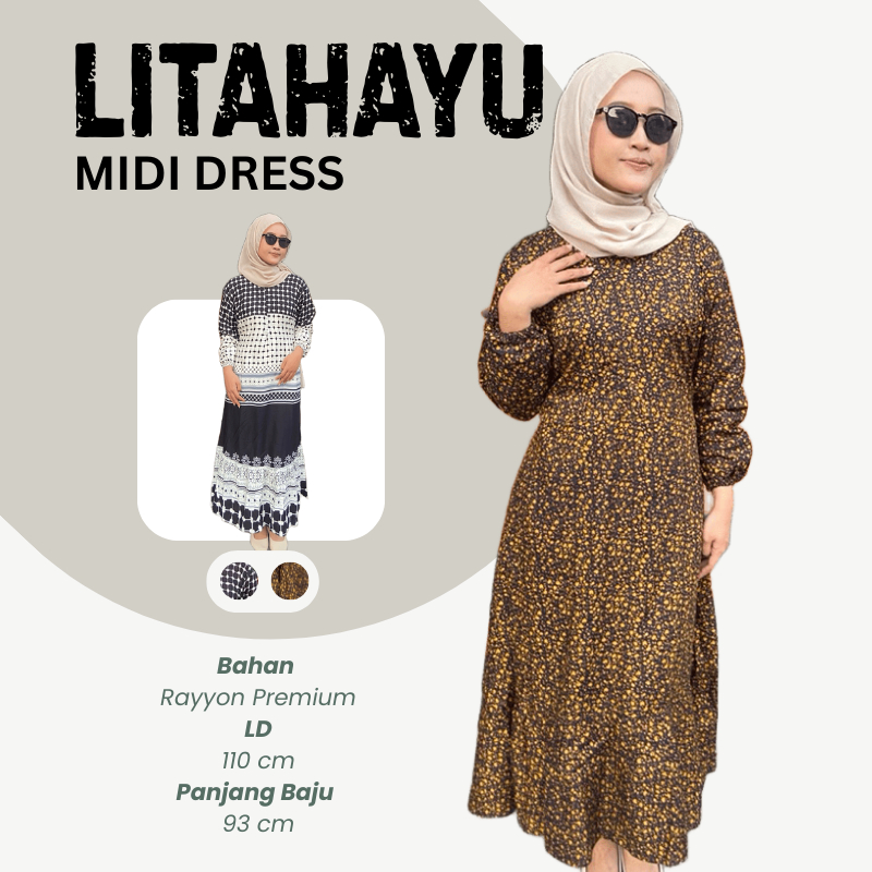 Midi Dress Rayon Muslim Premium Adem Motif Bunga dan Batik