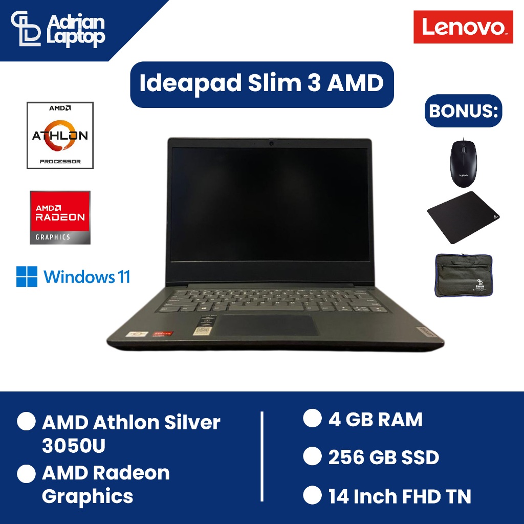 Laptop Second Lenovo Ideapad Slim 3 | Amd Athlon Silver  3050U | RAM 4GB | SSD 256 GB | Berkualitas 