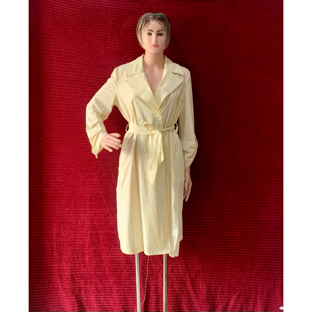 DRESS WANITA TRENC ALA COAT PLISKET V NECK CANTIK TANGAN BALON