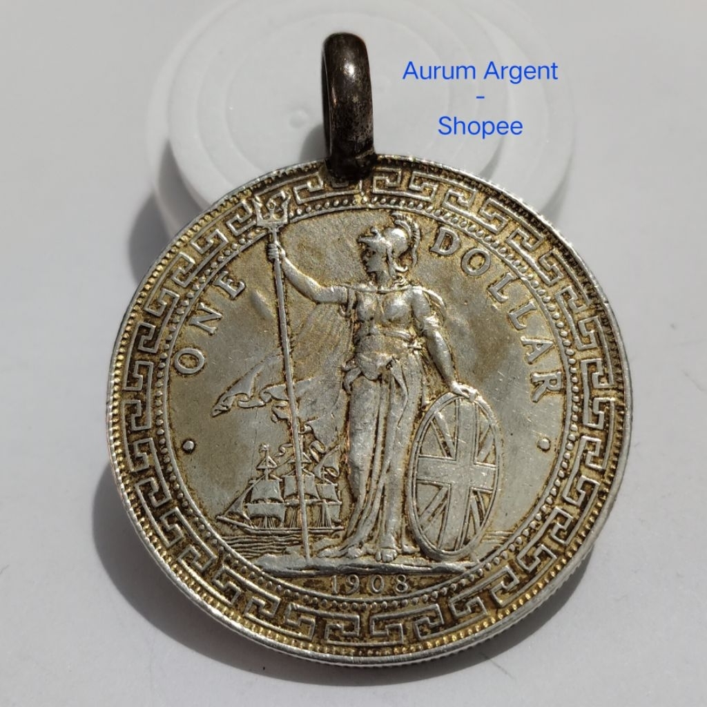 LT.31-- 1 PC LIONTIN ANTIK KOIN KUNO PERAK ASLI ONE DOLLAR BRITISH TRADE DOLLAR TH 1908. -- PENDANT 