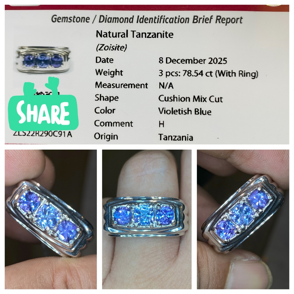 Natural handmade trio tanzanite zoisite cushion cut perak tebal