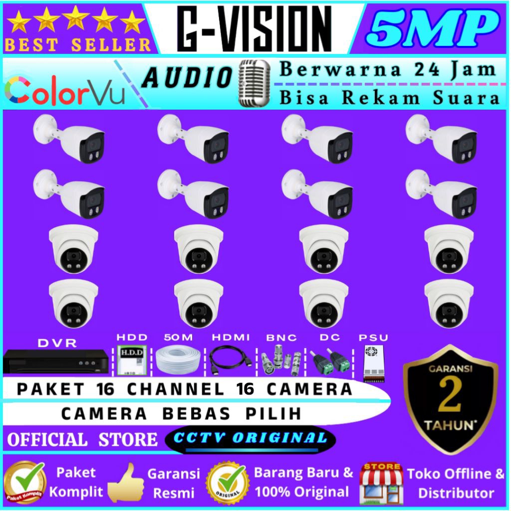 PAKET  CCTV  5MP  COLORVU  AUDIO  16  CHANNEL  16  CAMERA  LENGKAP