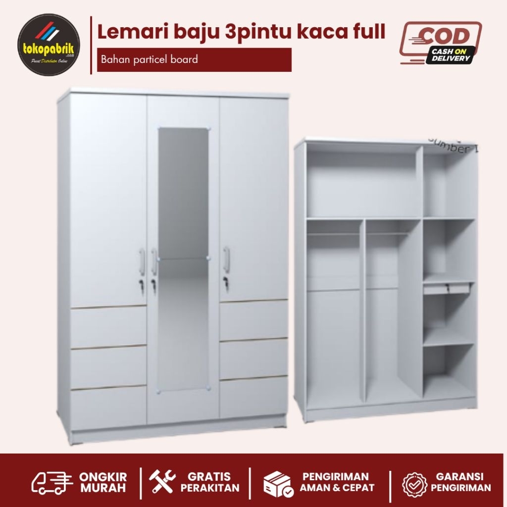 Lemari baju 3pintu kaca panjang Lp 3KF lemari pakaian putih olympic