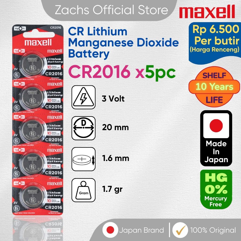 Maxell Baterai Lithium Coin CR2016 3V 90mAh Koin Battre CR 2016 Baterai Litium Mangan Dioxide Bebas 
